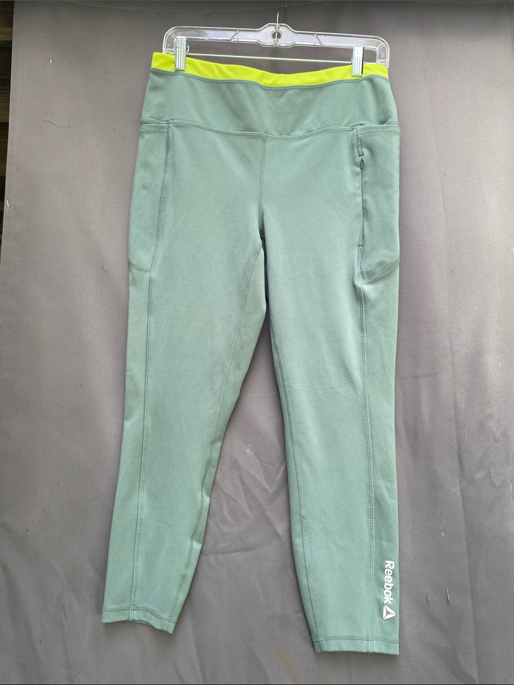 Reebok Sage Green Leggings with Neon Yellow Waistband